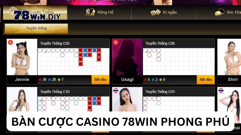 Bàn cược casino 78Win phong phú